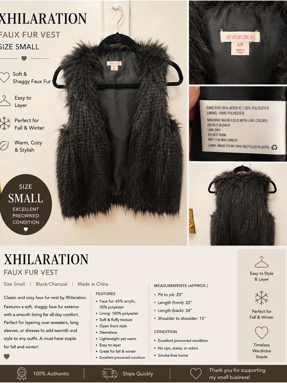 Xhilaration Charcoal Black Shaggy Faux Fur Vest